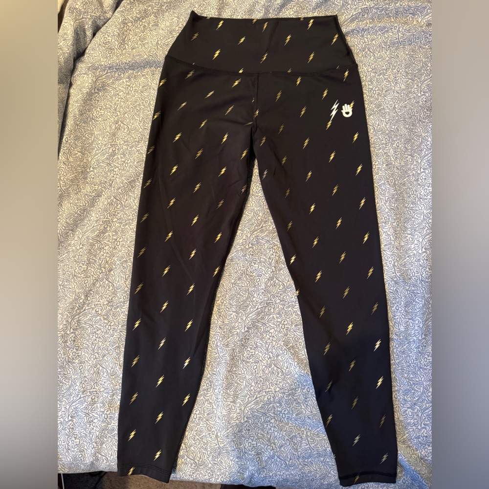 EUC Spiritual Gangster x Kendall Toole Black Leggings with Gold Lightning Bolts